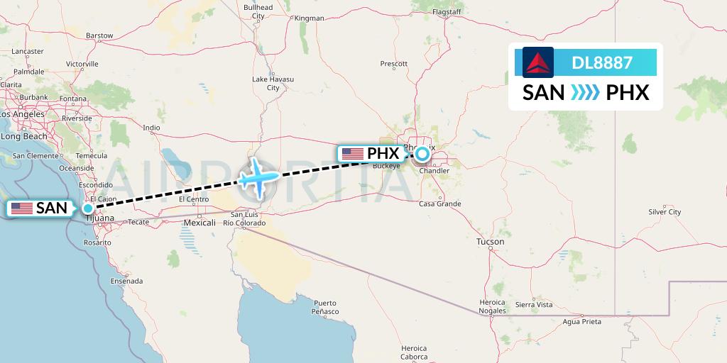 DL8887 Delta Air Lines Flight Map: San Diego to Phoenix