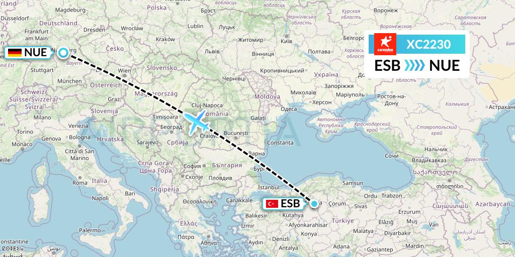 XC2230 Corendon Airlines Flight Map: Ankara to Nurnberg