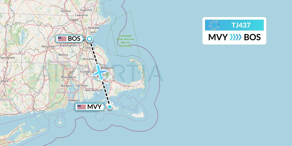 TJ437 Tradewind Aviation Flight Map: Martha's Vineyard to Boston