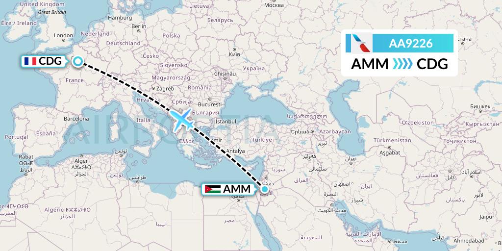 AA9226 American Airlines Flight Map: Amman to Paris