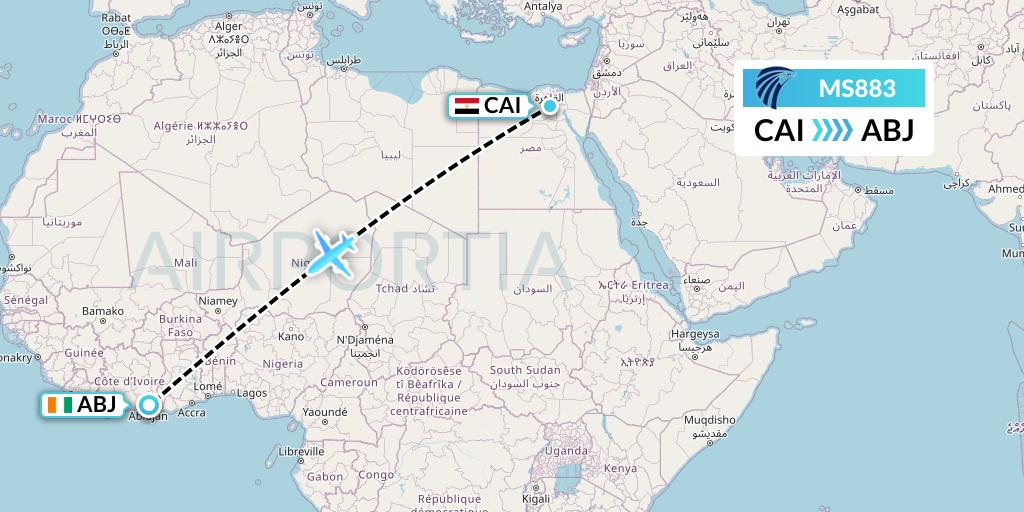 MS883 EgyptAir Flight Map: Cairo to Abidjan