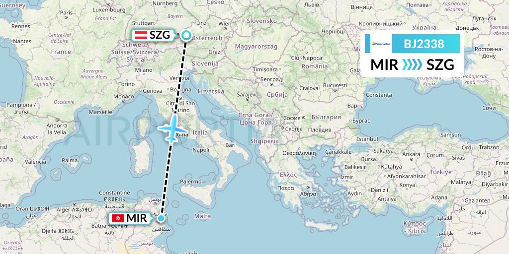 BJ2338 Nouvelair Tunisie Flight Map: Monastir to Salzburg