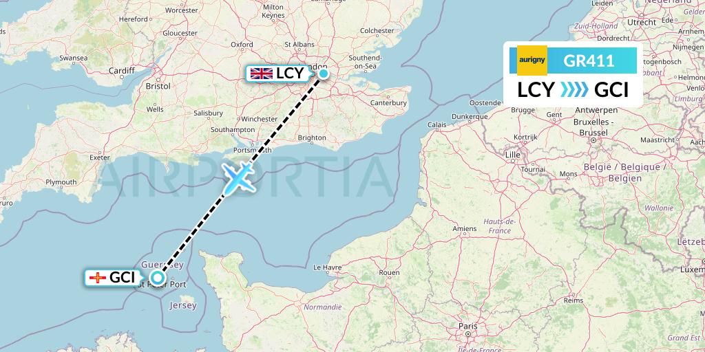 GR411 Aurigny Air Services Flight Map: London to Guernsey