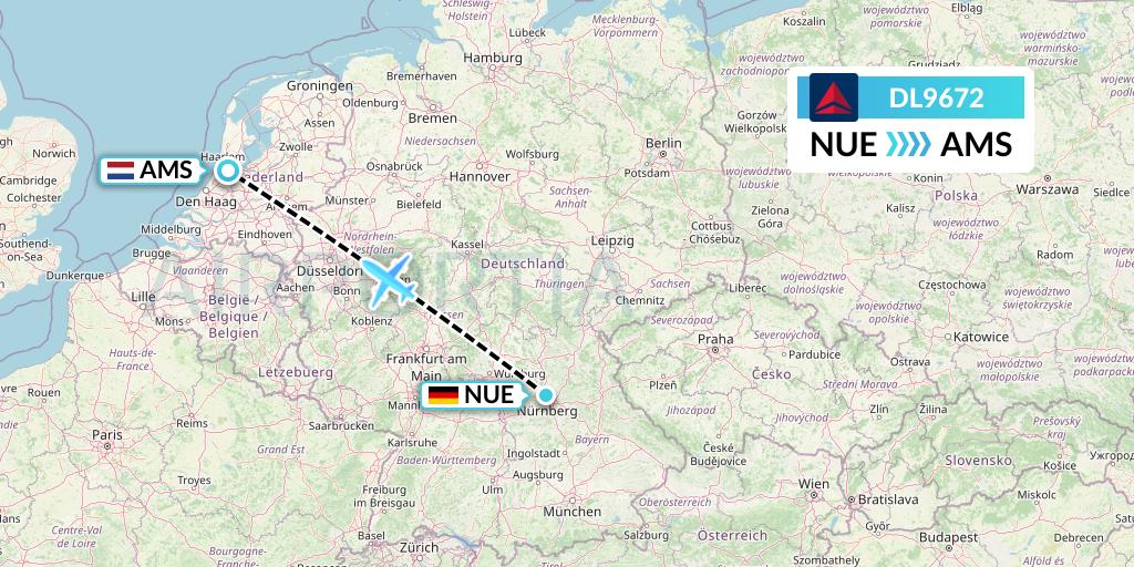 DL9672 Delta Air Lines Flight Map: Nurnberg to Amsterdam