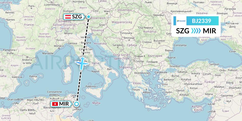 BJ2339 Nouvelair Tunisie Flight Map: Salzburg to Monastir