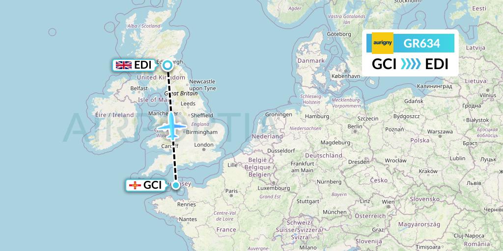 GR634 Aurigny Air Services Flight Map: Guernsey to Edinburgh