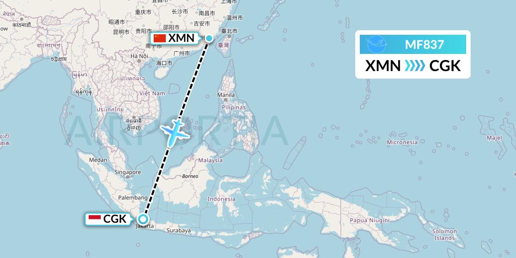 MF837 Xiamen Airlines Flight Map: Xiamen to Jakarta