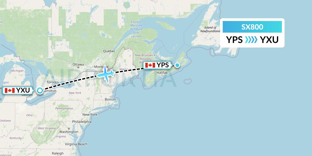SX800 Flygta Airlines Flight Map: Port Hawkesbury to London