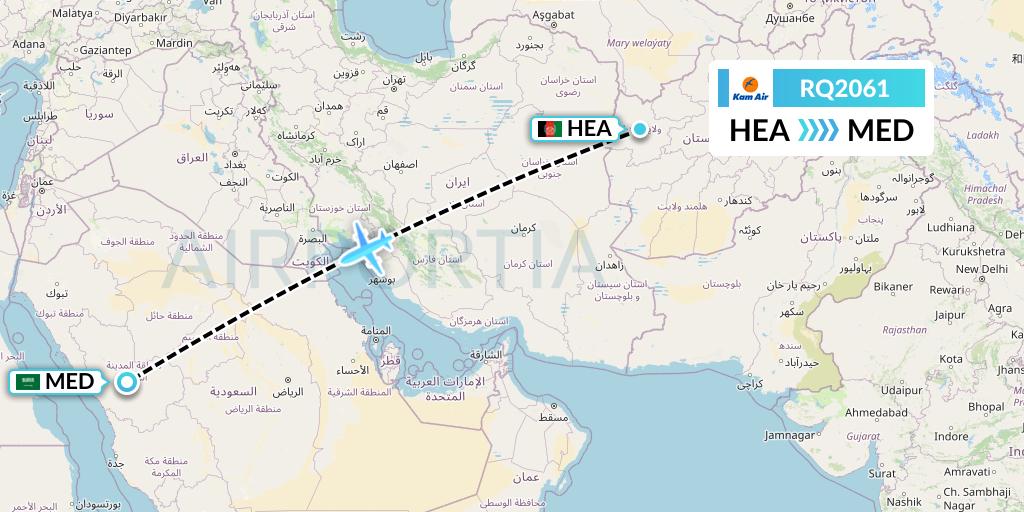 RQ2061 Kam Air Flight Map: Herat to Medina