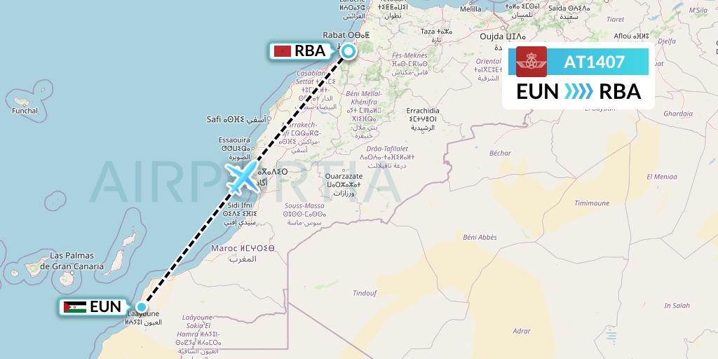 AT1407 Royal Air Maroc Flight Map: El Aaiun to Rabat
