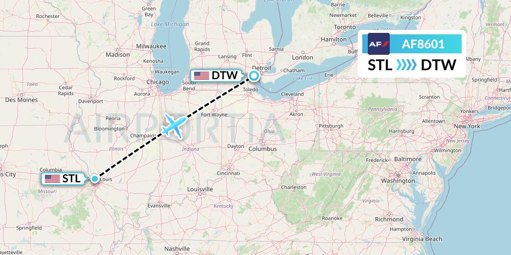 AF8601 Air France Flight Map: St. Louis to Detroit