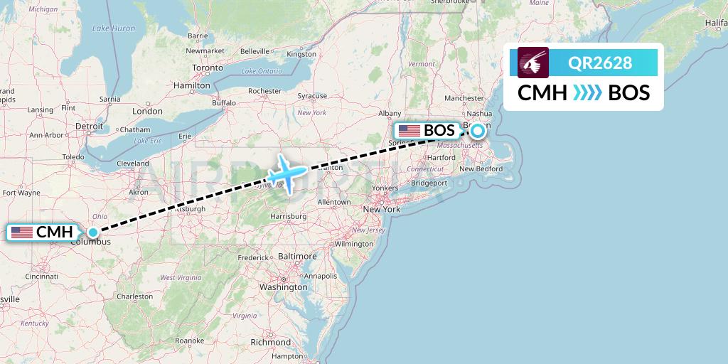 QR2628 Qatar Airways Flight Map: Columbus to Boston