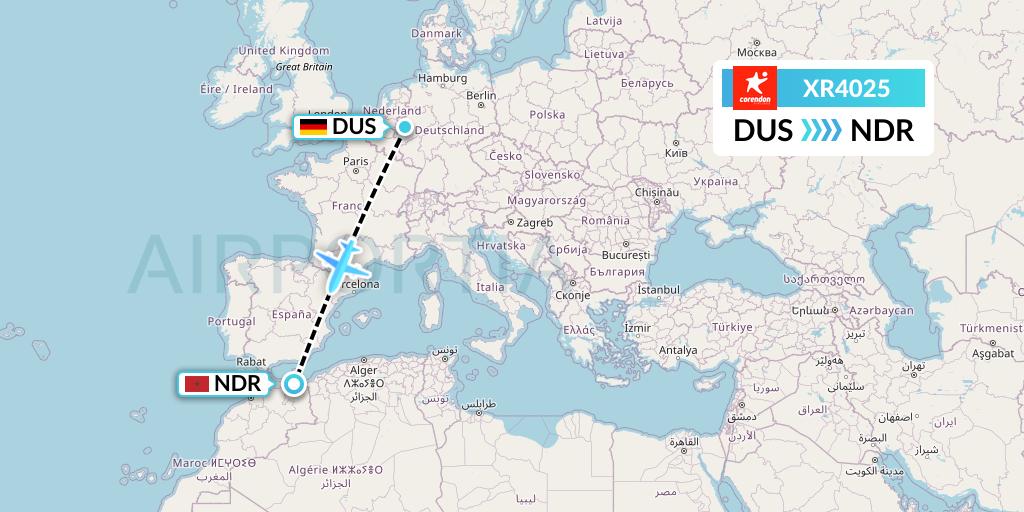 XR4025 Corendon Airlines Europe Flight Map: Dusseldorf to Nador
