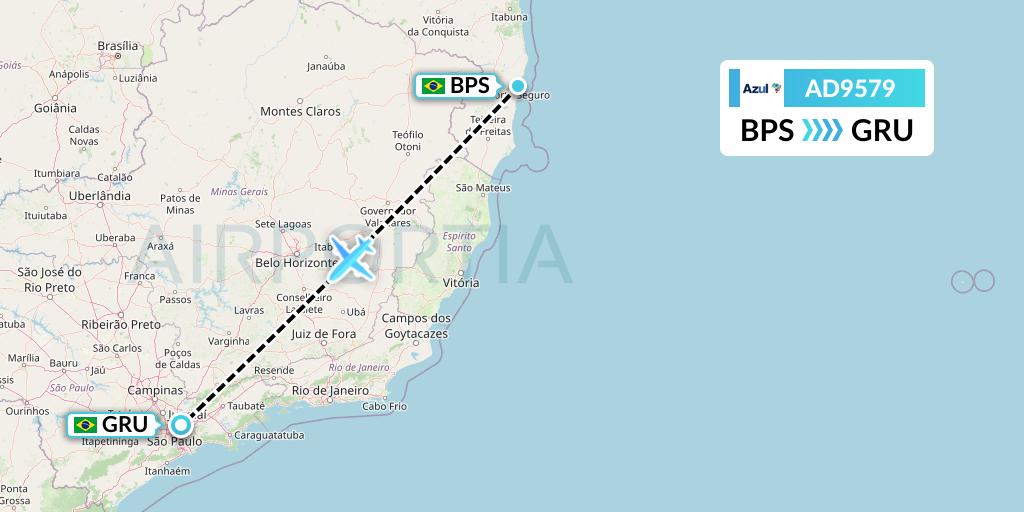 AD9579 Azul Brazilian Airlines Flight Map: Porto Seguro to Sao Paulo