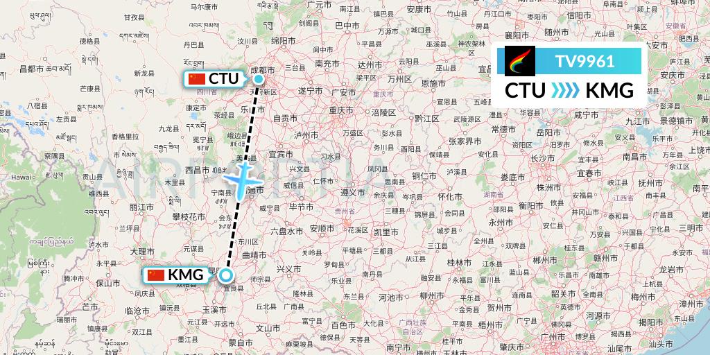 TV9961 Tibet Airlines Flight Map: Chengdu to Kunming