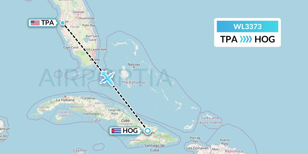 WL3373 World Atlantic Airlines Flight Map: Tampa to Holguin