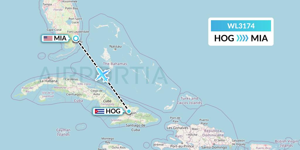 WL3174 World Atlantic Airlines Flight Map: Holguin to Miami