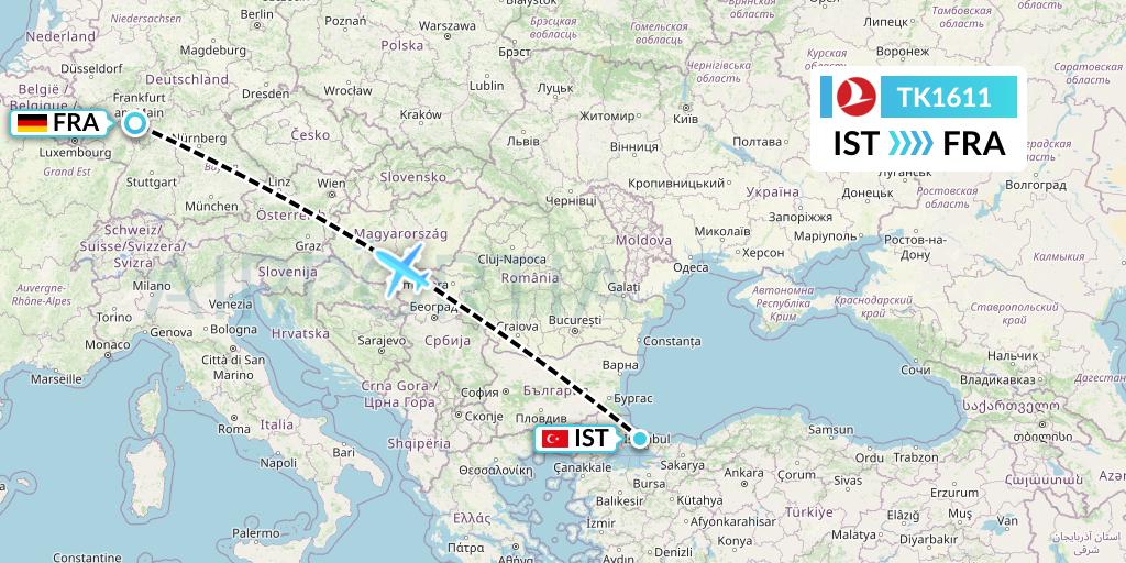 TK1611 Turkish Airlines Flight Map: Istanbul to Frankfurt