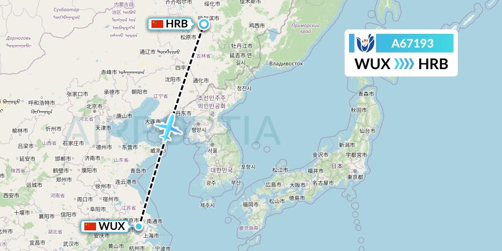 A67193 Hongtu Airlines Flight Map: Wuxi to Harbin