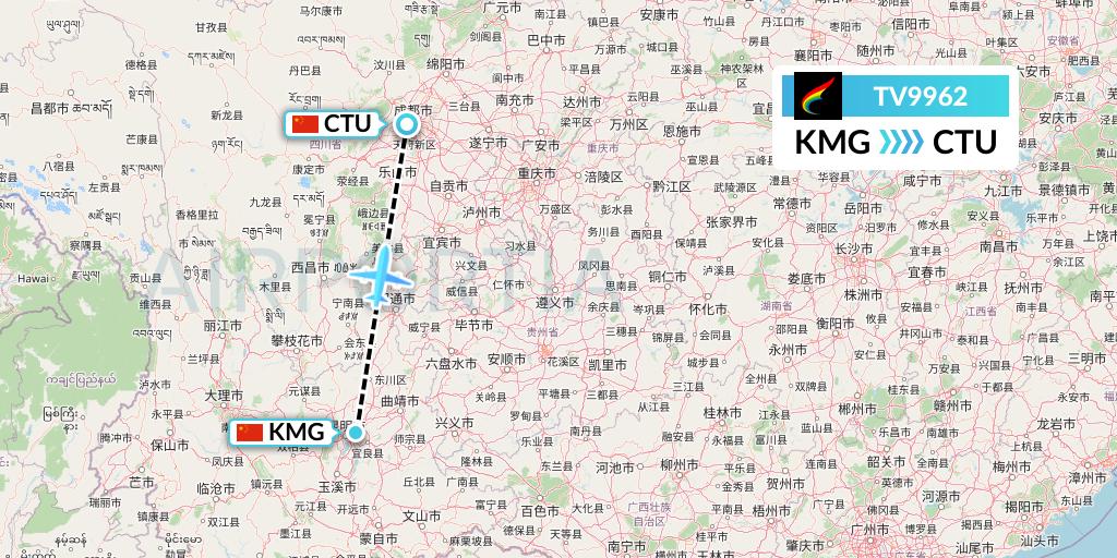 TV9962 Tibet Airlines Flight Map: Kunming to Chengdu