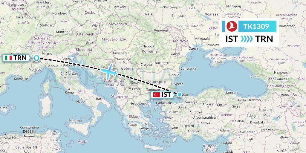 TK1309 Turkish Airlines Flight Map: Istanbul to Turin