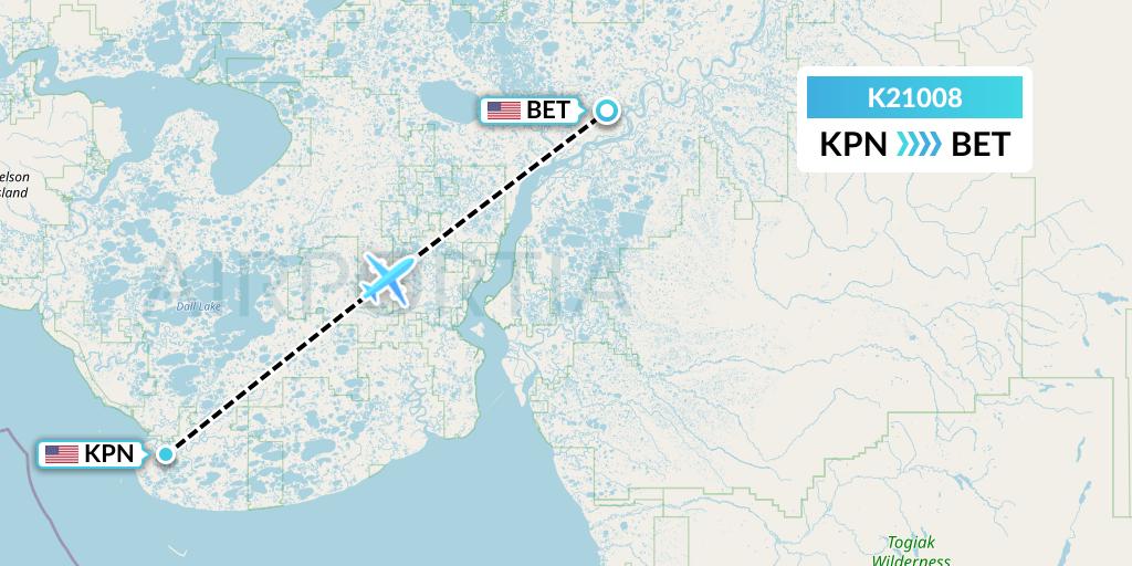 K21008 Yute Commuter Service Flight Map: Kipnuk to Bethel