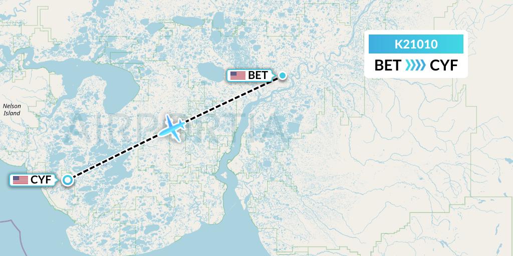 K21010 Yute Commuter Service Flight Map: Bethel to Chefornak
