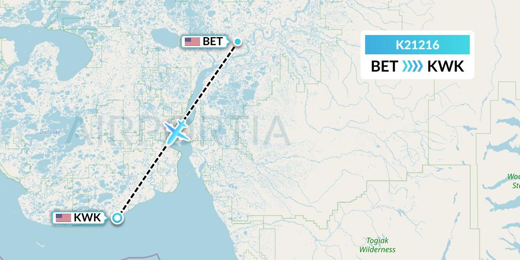 K21216 Yute Commuter Service Flight Map: Bethel to Kwigillingok