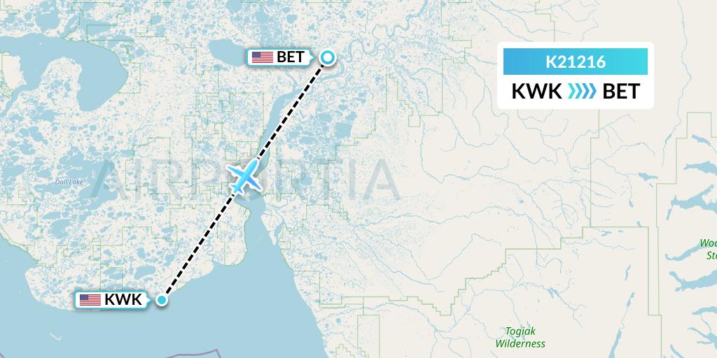 K21216 Yute Commuter Service Flight Map: Kwigillingok to Bethel