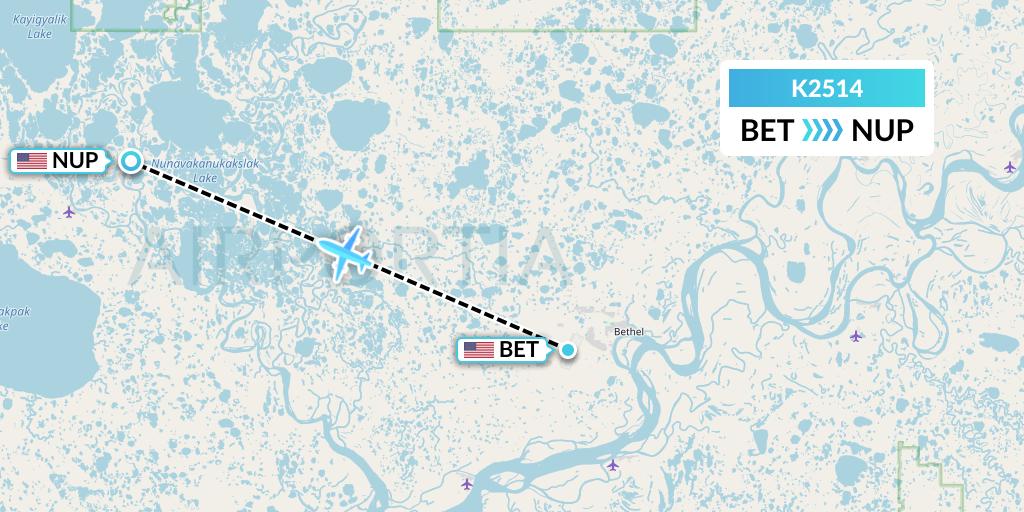K2514 Yute Commuter Service Flight Map: Bethel to Nunapitchuk