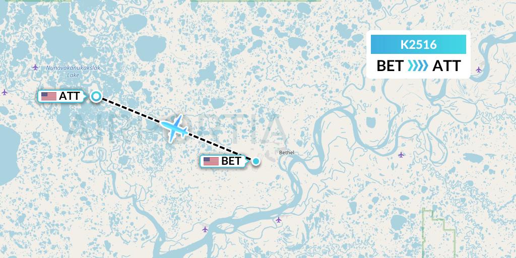 K2516 Yute Commuter Service Flight Map: Bethel to Atmautluak