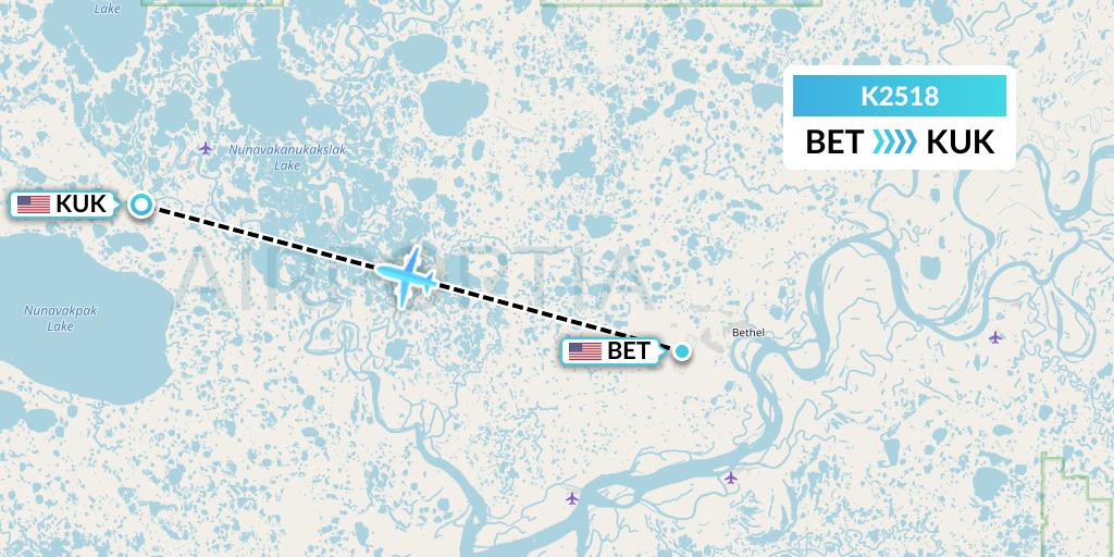 K2518 Yute Commuter Service Flight Map: Bethel to Kasigluk