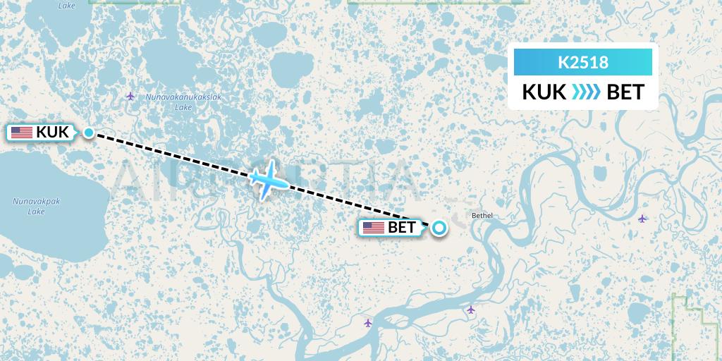 K2518 Yute Commuter Service Flight Map: Kasigluk to Bethel