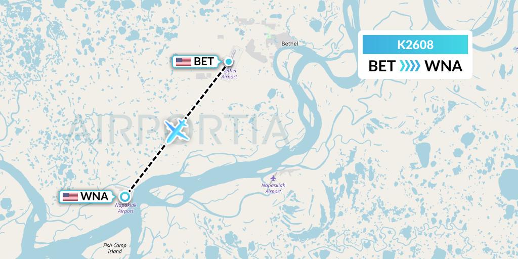 K2608 Yute Commuter Service Flight Map: Bethel to Napakiak