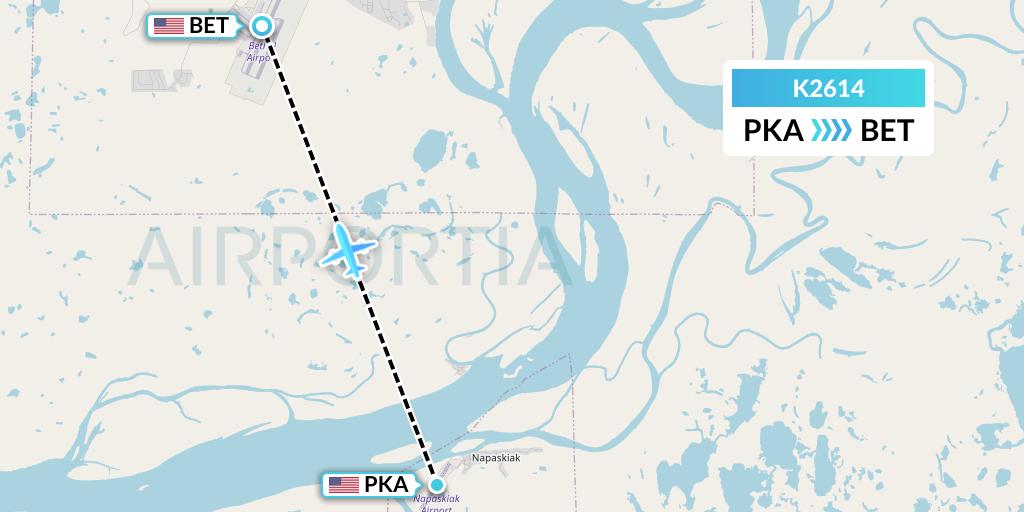 K2614 Yute Commuter Service Flight Map: Napaskiak to Bethel