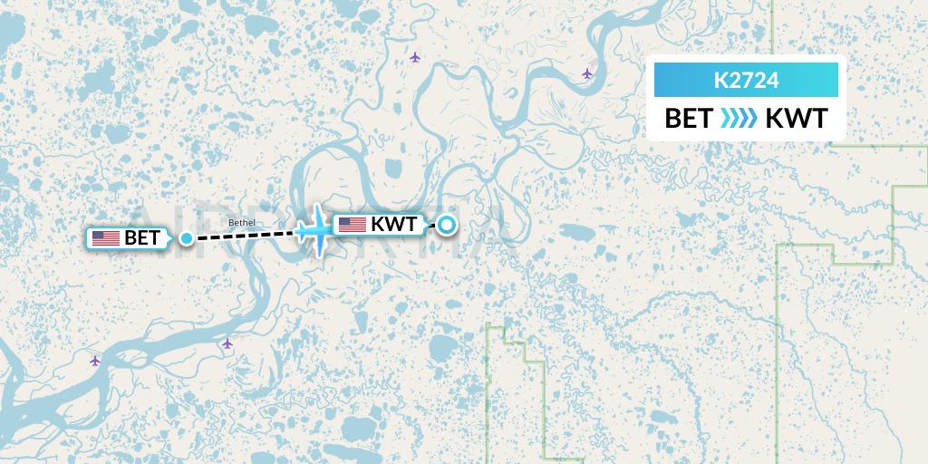 K2724 Yute Commuter Service Flight Map: Bethel to Kwethluk