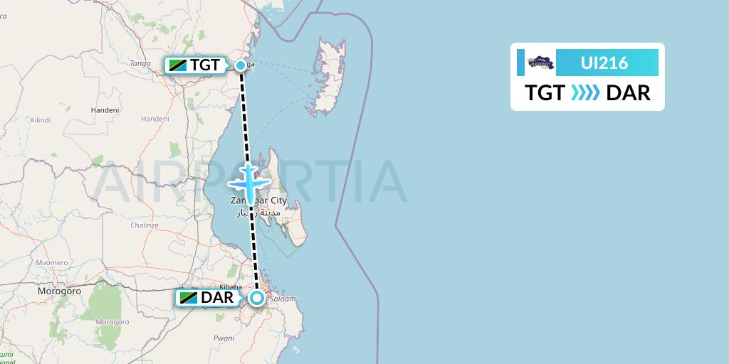 UI216 Auric Air Flight Map: Tanga to Dar-es-Salaam