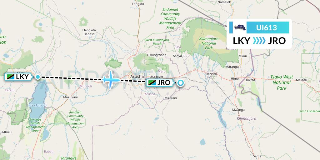 UI613 Auric Air Flight Map: Lake Manyara National Park to Kilimanjaro