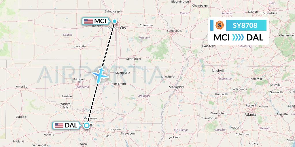 SY8708 Sun Country Airlines Flight Map: Kansas City to Dallas