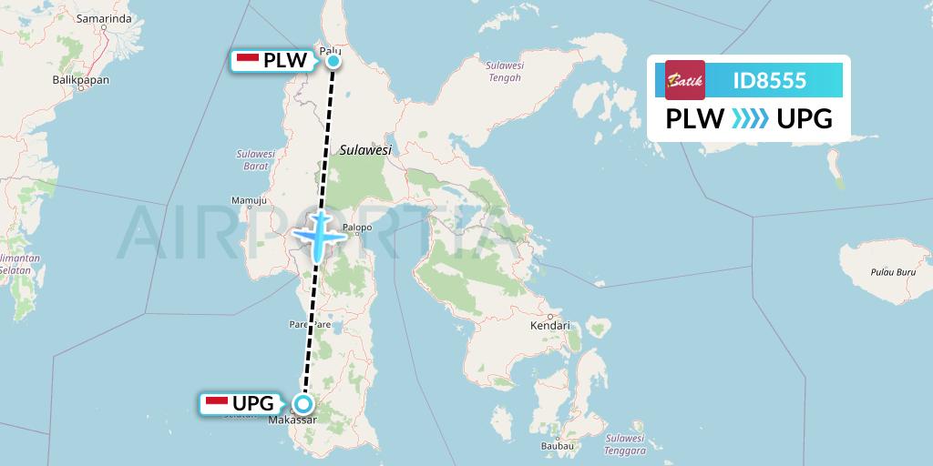 ID8555 Batik Air Flight Map: Palu to Makassar