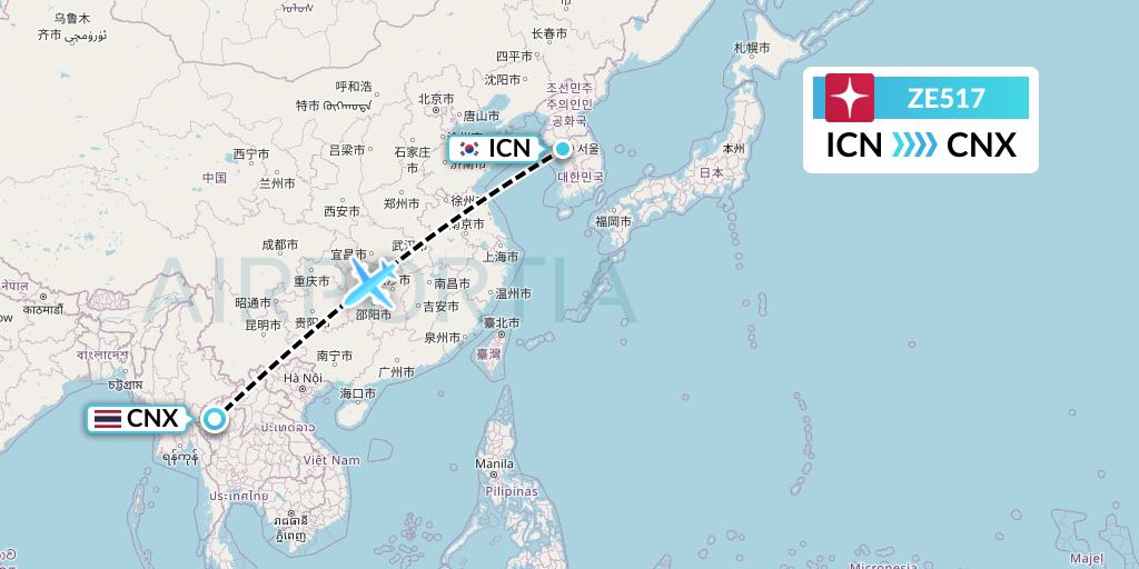 ZE517 Eastar Jet Flight Map: Seoul to Chiang Mai