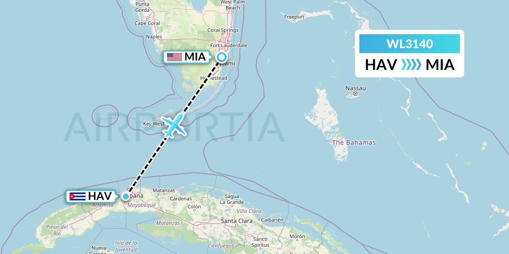 WL3140 World Atlantic Airlines Flight Map: Havana to Miami