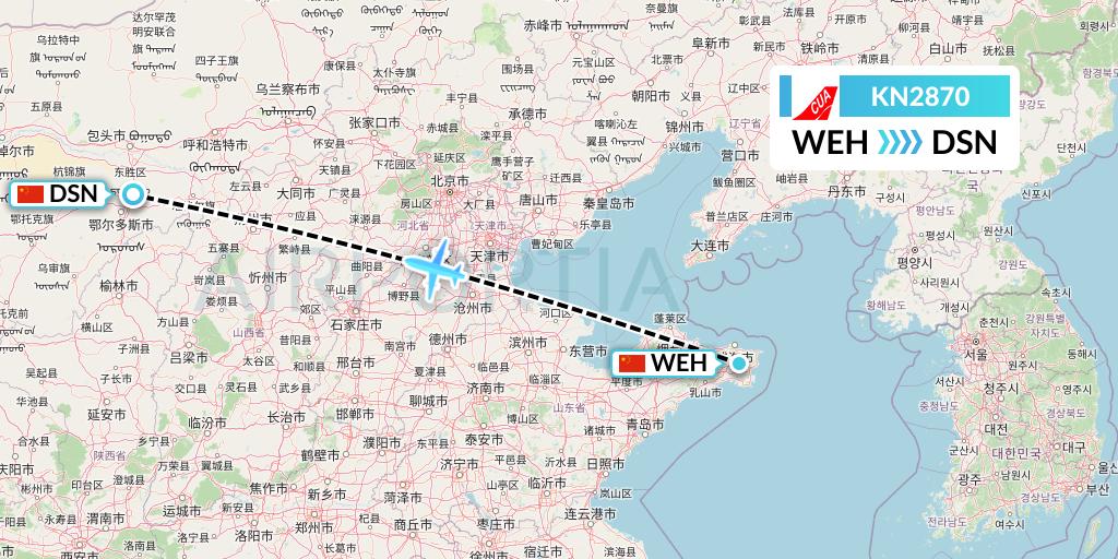KN2870 China United Airlines Flight Map: Weihai to Dongsheng