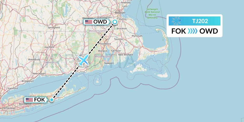 TJ202 Tradewind Aviation Flight Map: Westhampton Beach to Norwood