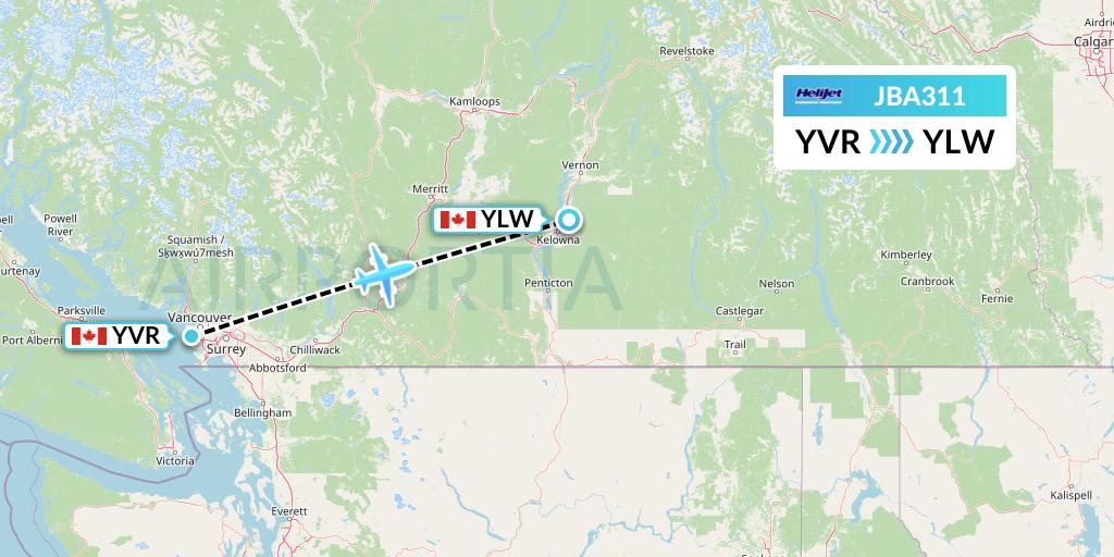 JBA311 Helijet International Flight Map: Vancouver to Kelowna