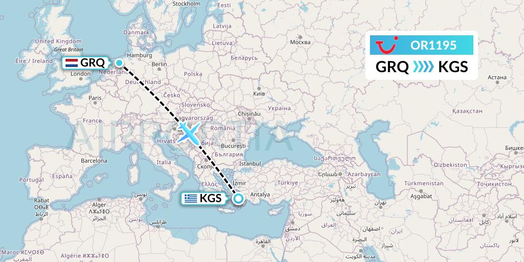 OR1195 TUI fly Netherlands Flight Map: Groningen to Kos