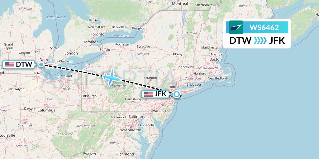 WS6462 WestJet Flight Map: Detroit to New York