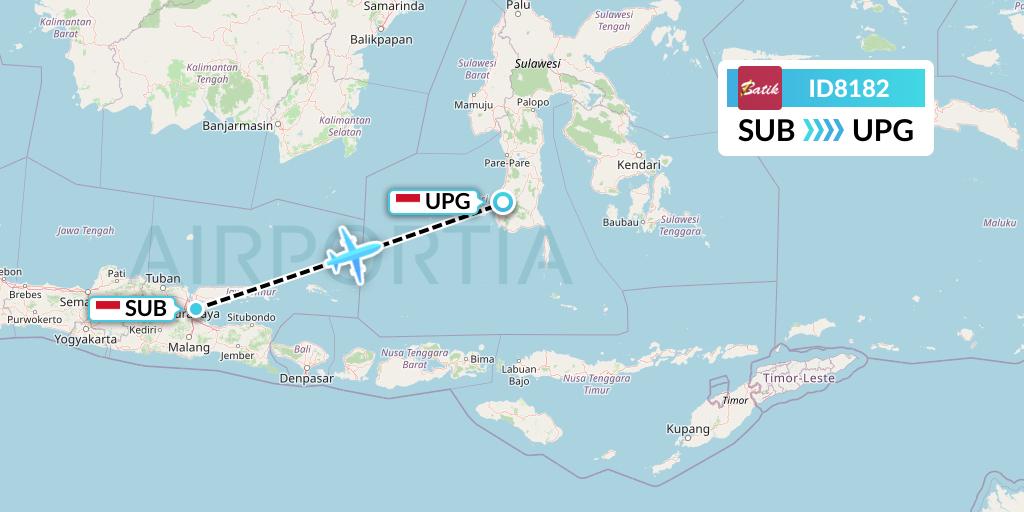 ID8182 Batik Air Flight Map: Surabaya to Makassar
