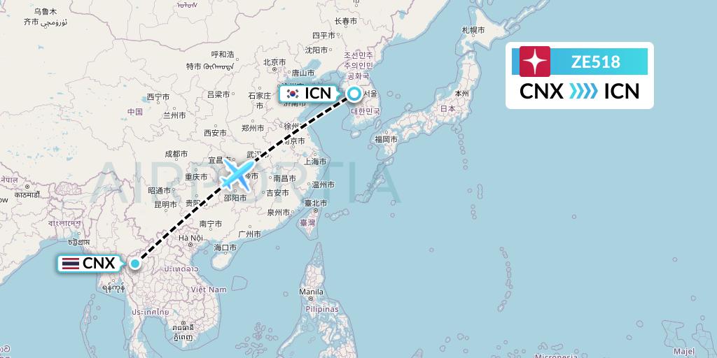 ZE518 Eastar Jet Flight Map: Chiang Mai to Seoul