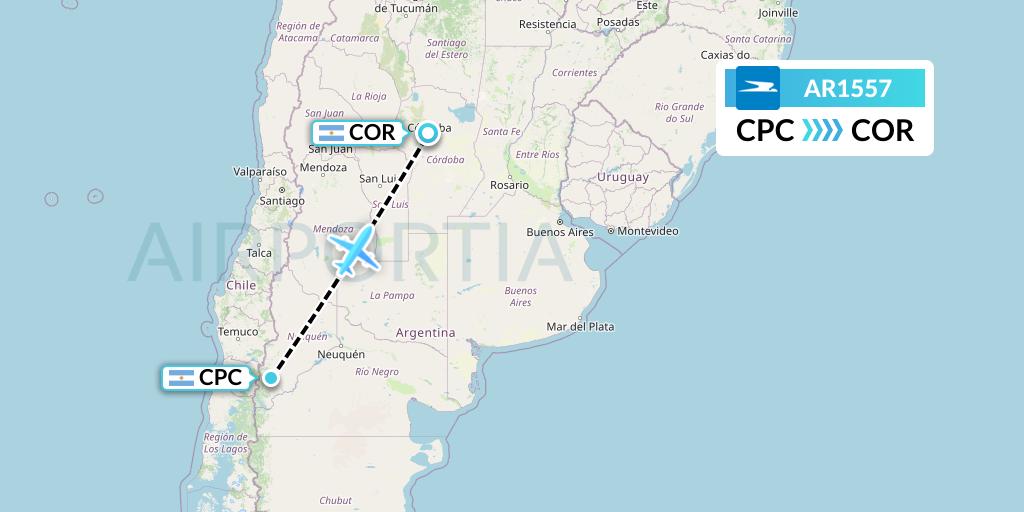 AR1557 Aerolineas Argentinas Flight Map: San Martin de los Andes to Cordoba